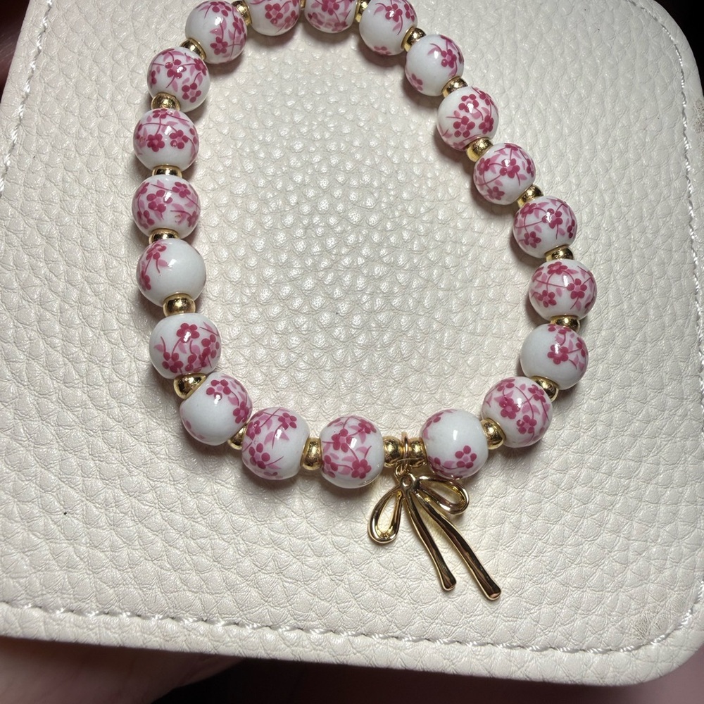 Hand-Painted Porcelain Floral Beaded Bracelet with Gold-tone Accents